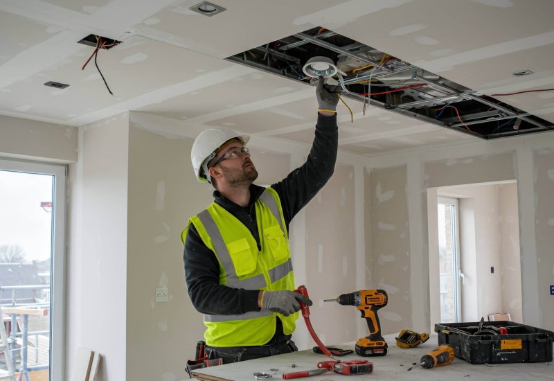 Electrician Installing Recessed Lighting in Home renovation