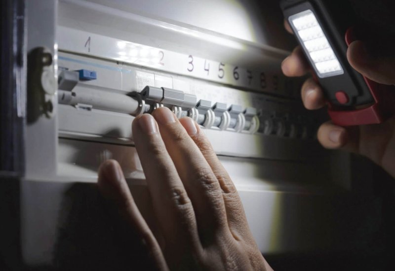 checking home fuse box during a power outage.